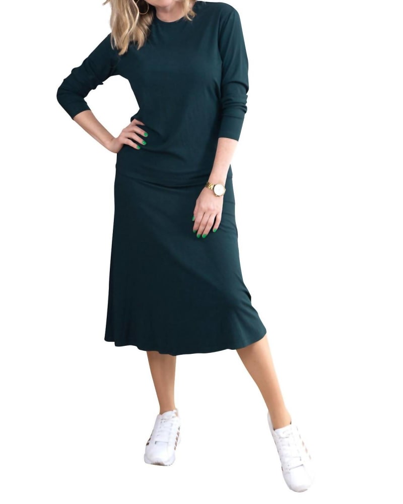Front of a model wearing a size L Ribbed A-Line Skirt In Jade in Jade by Daniella Faye. | dia_product_style_image_id:357664